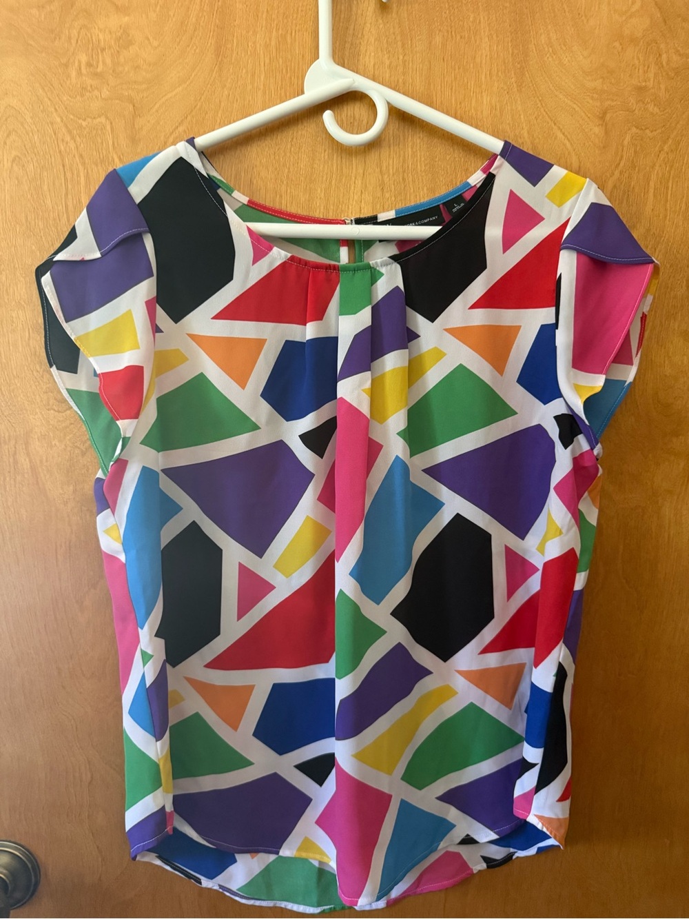 New York & Company Bright Geometric Multicolor Cap Sleeve Blouse